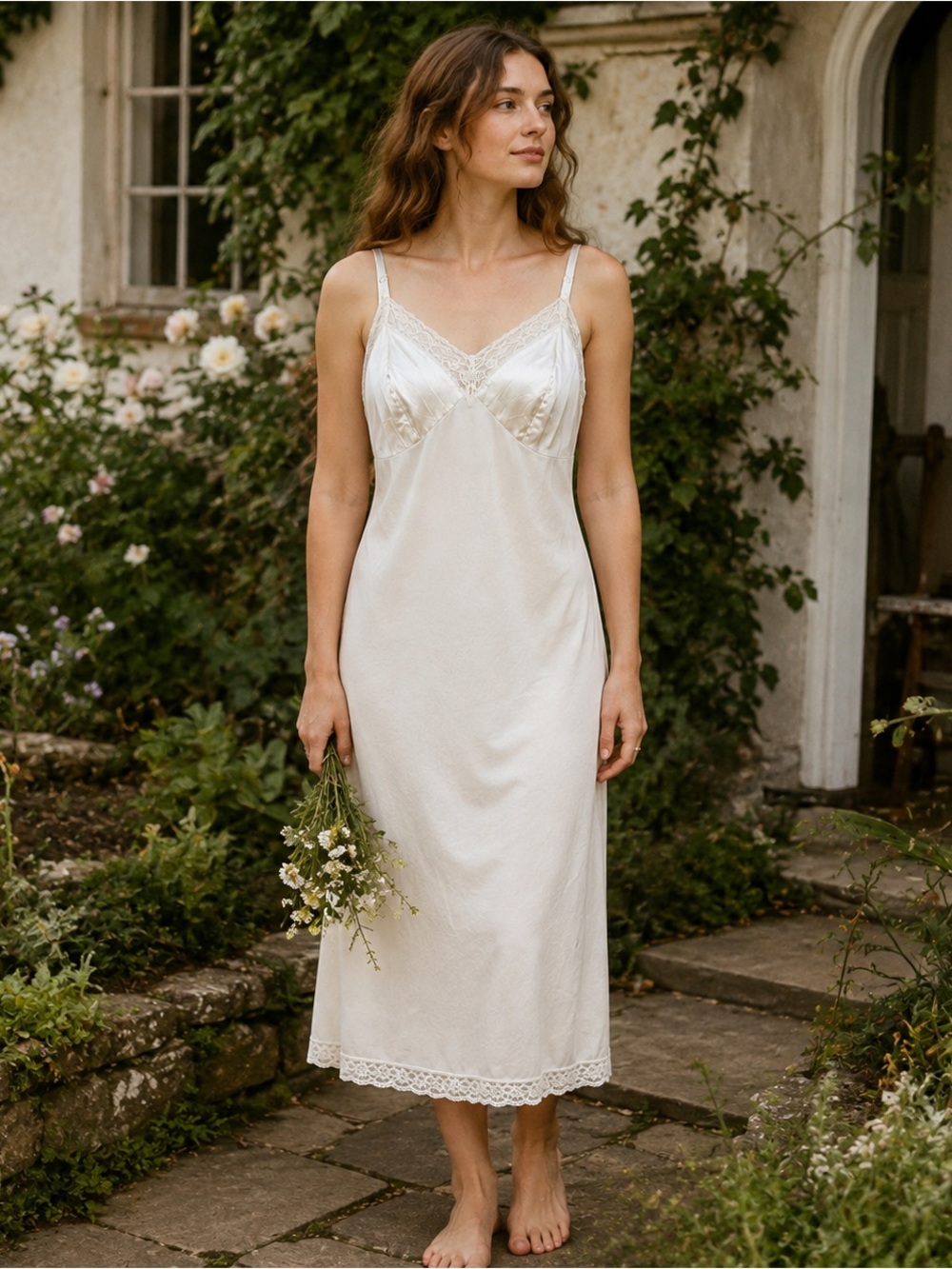 Vintage Ivory Lace Satin Bust Full Slip Nylon Blend Lingerie  Size M 1970s–1980s